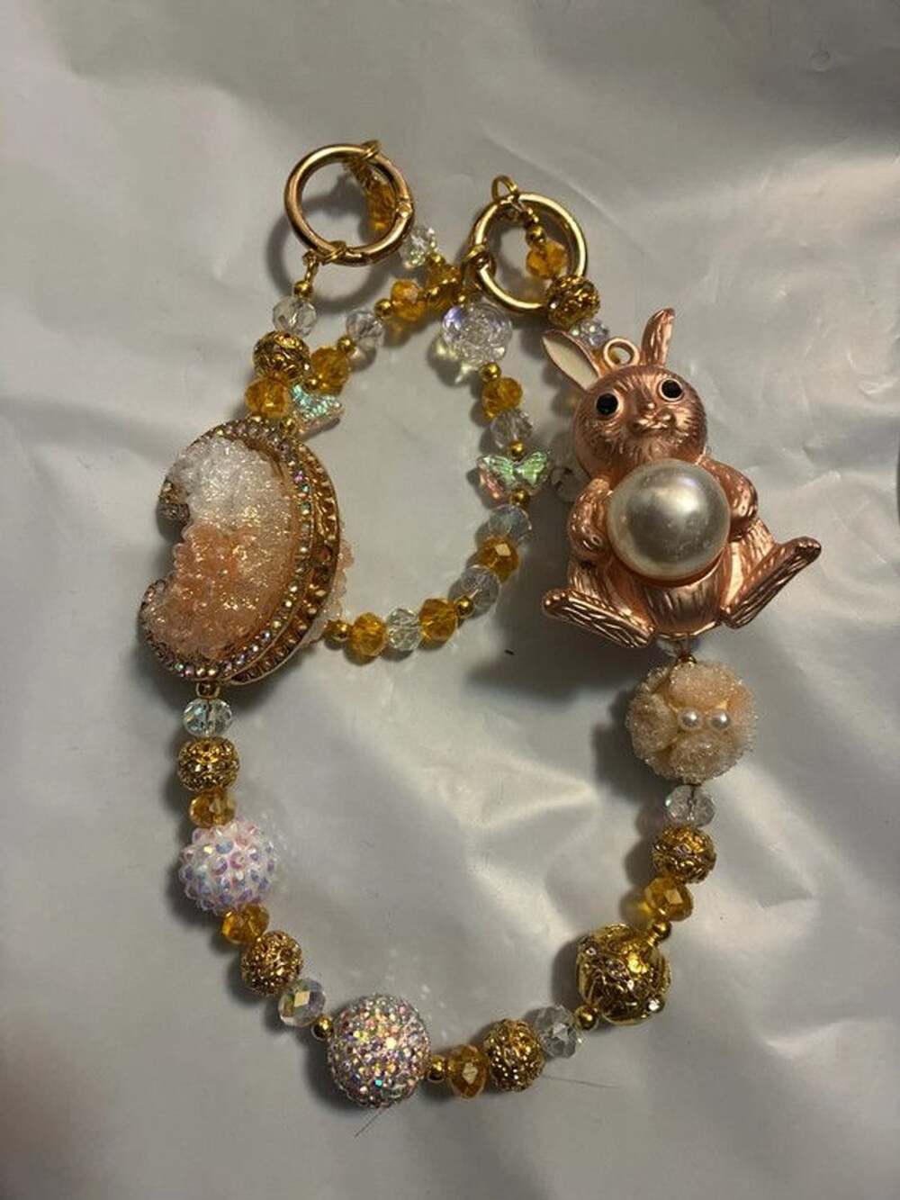 Gold tone bunny and moon beaded bag charm chain pink